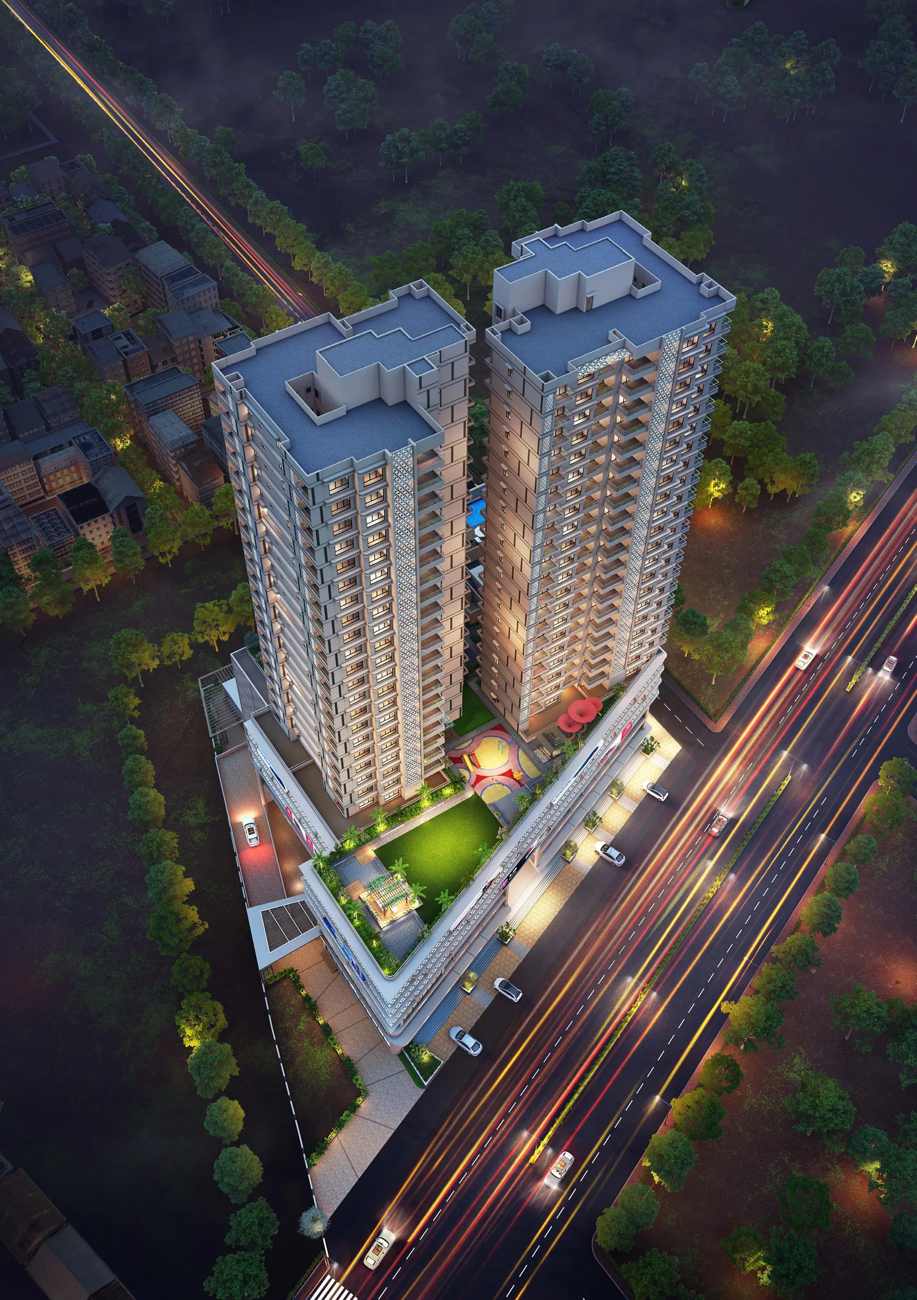 The two Melliza towers at dusk