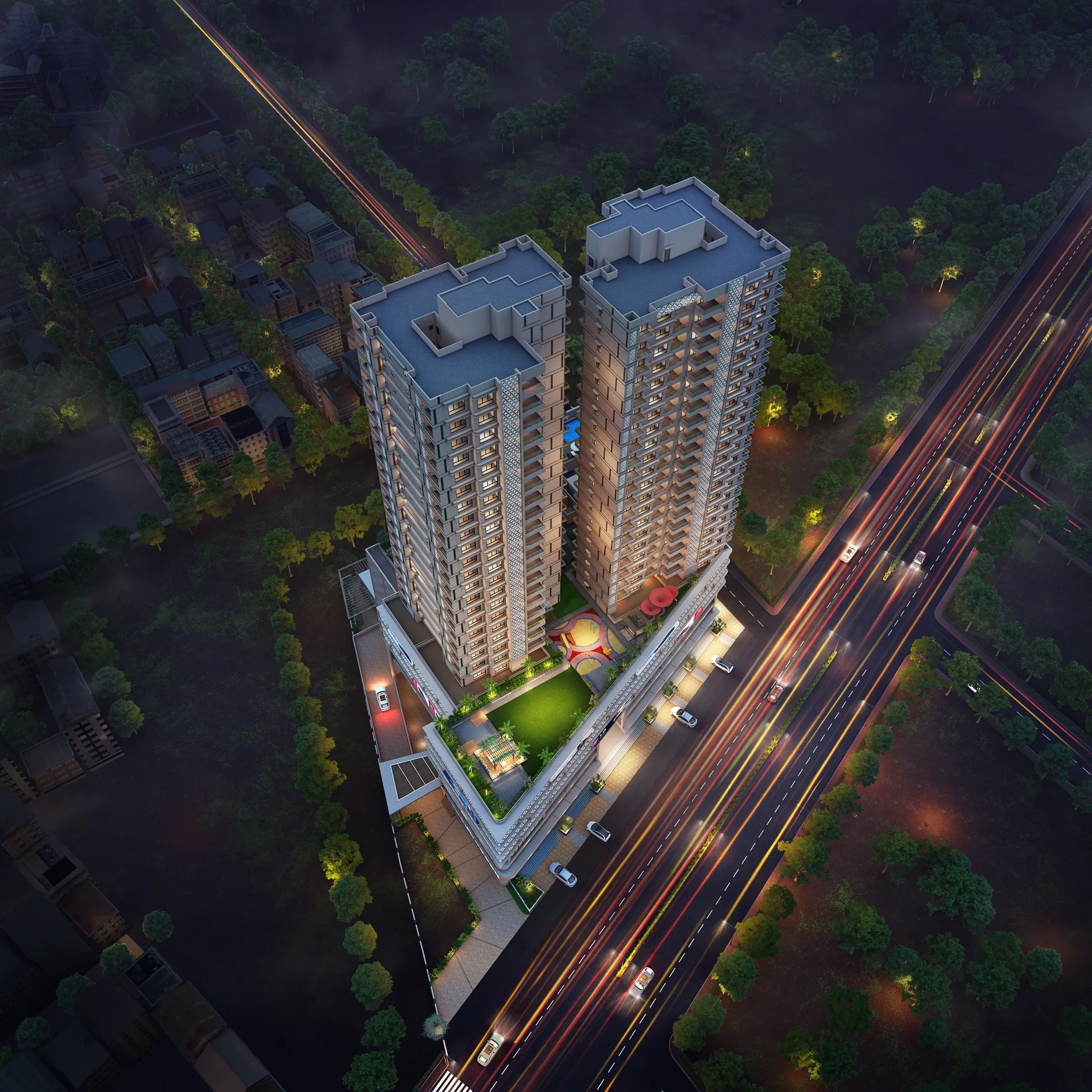 Night aerial view of Melliza Towers