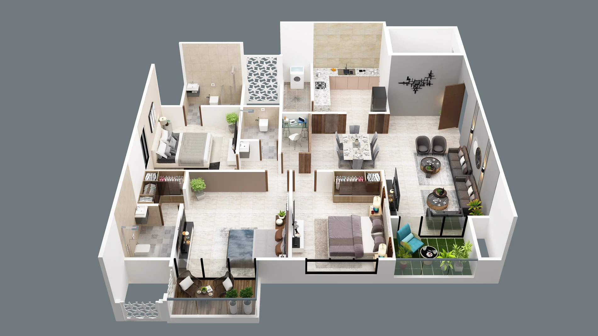Three-dimensional plan of a Melliza 3 BHK residence