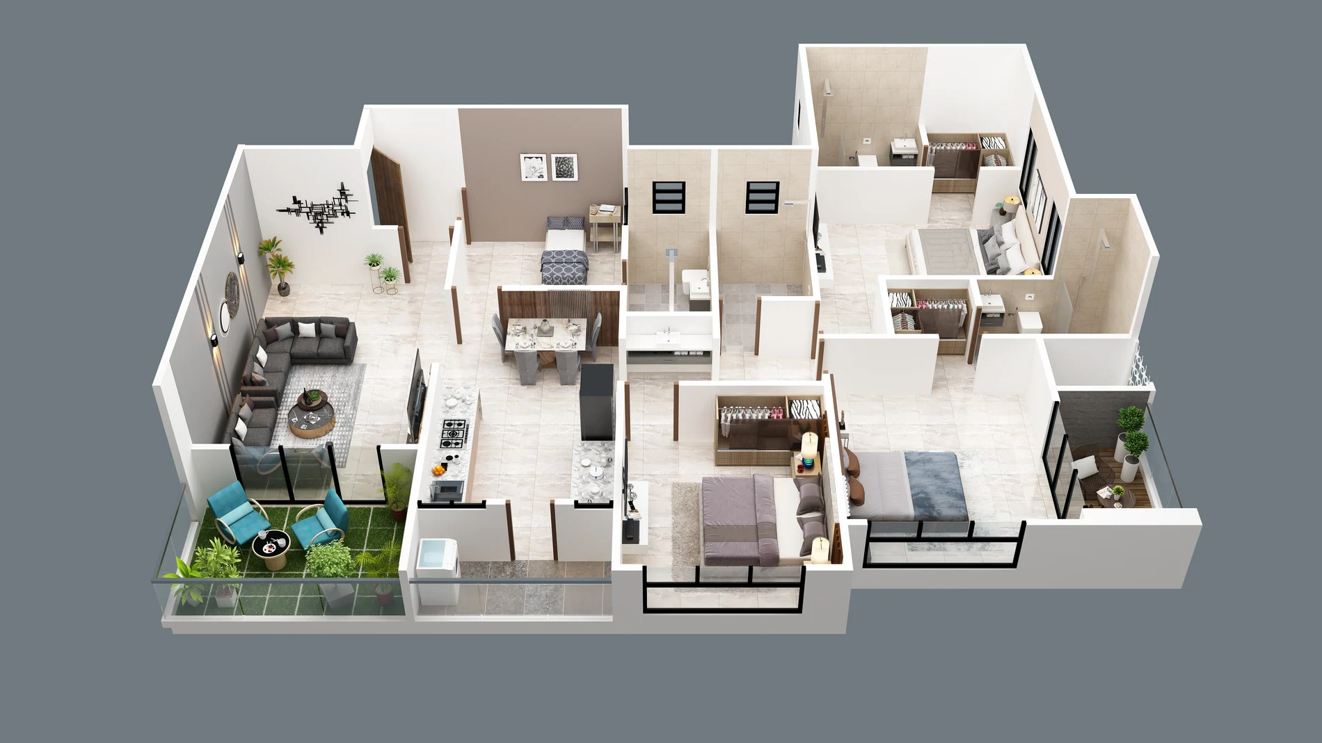 Three-dimensional plan of a Melliza 4 BHK residence