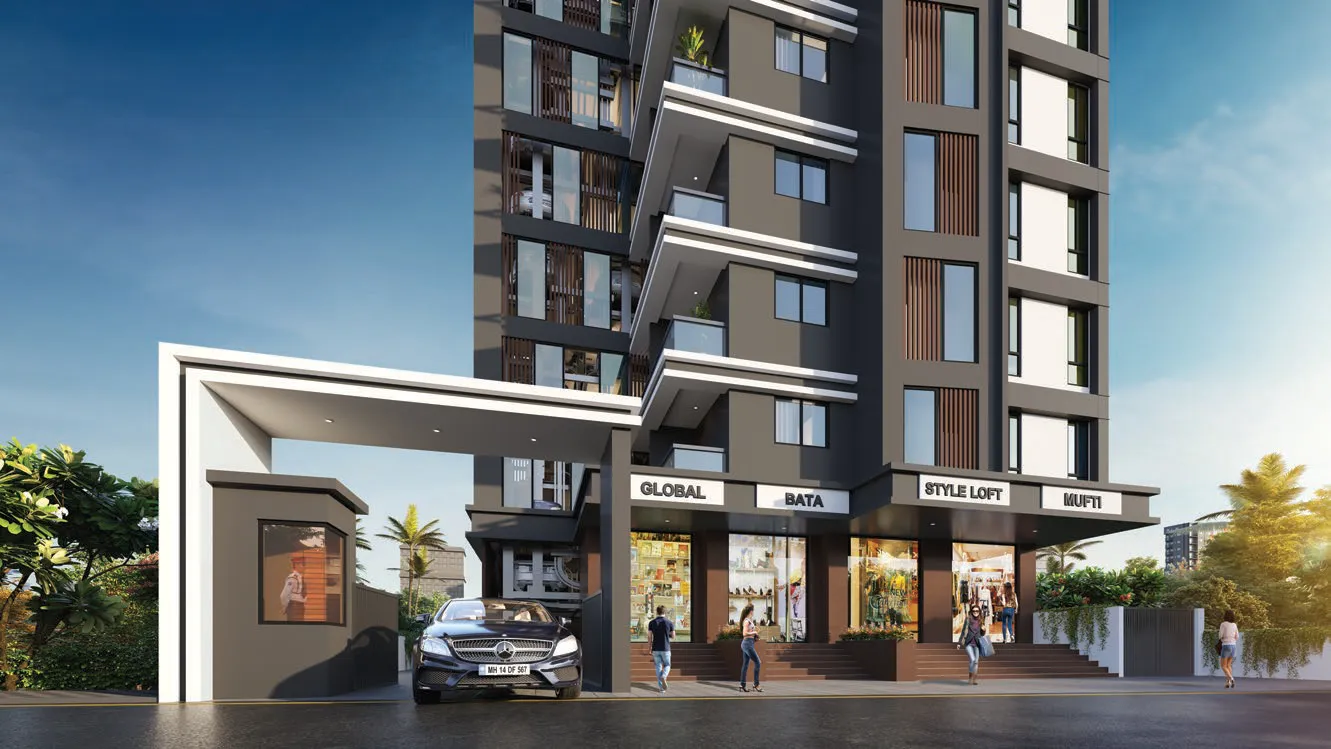 Pasaydan Sparsh entrance gate and ground-floor shops