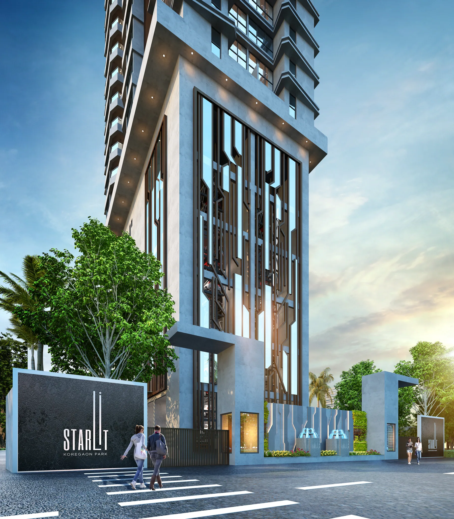 Starlit arrival court and tower podium