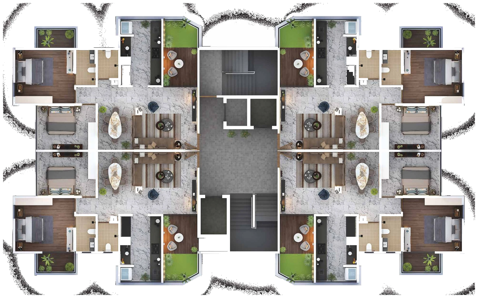 Typical floor plate with four residences around a central core