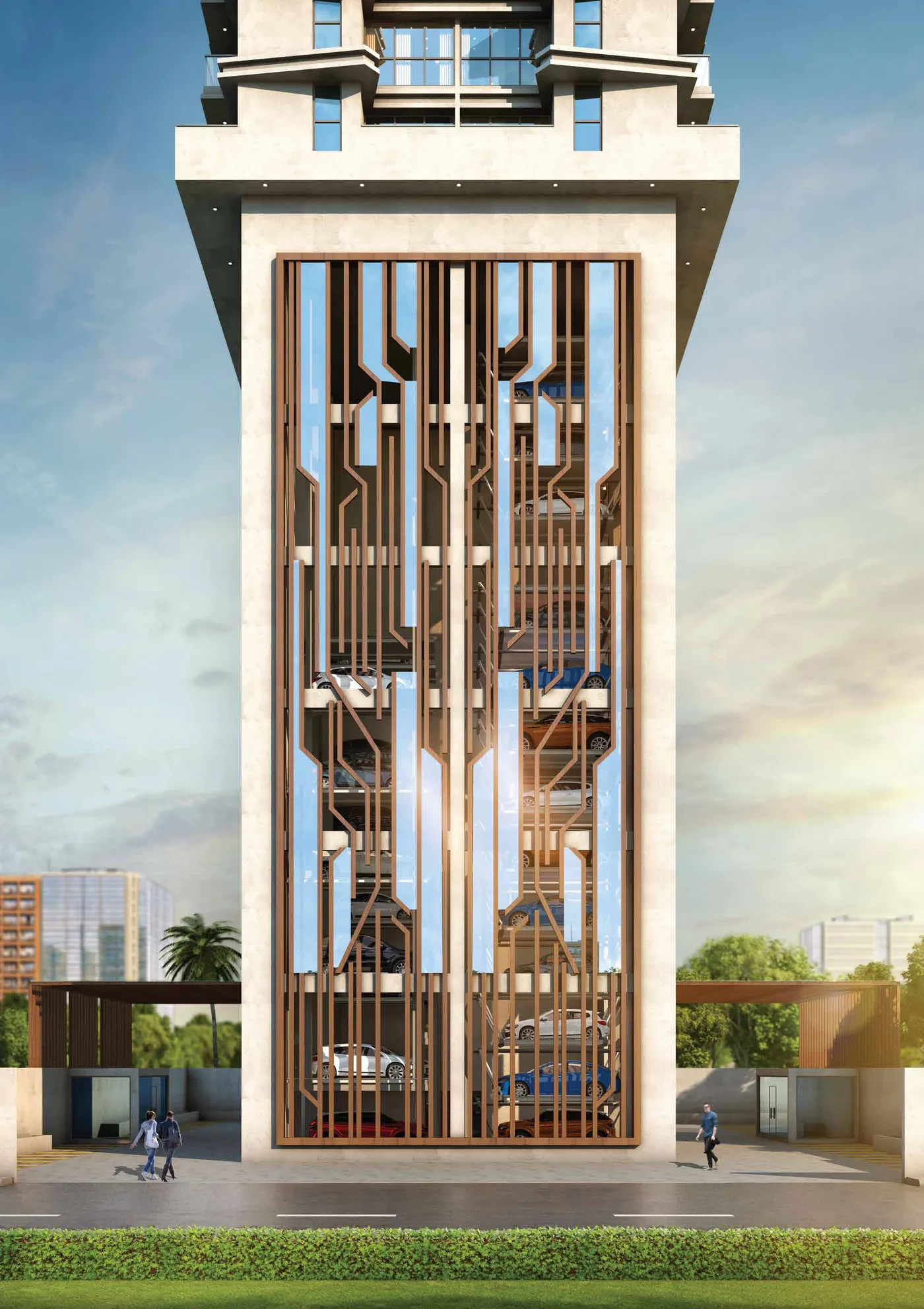 The bronze fin screen over the automated parking podium